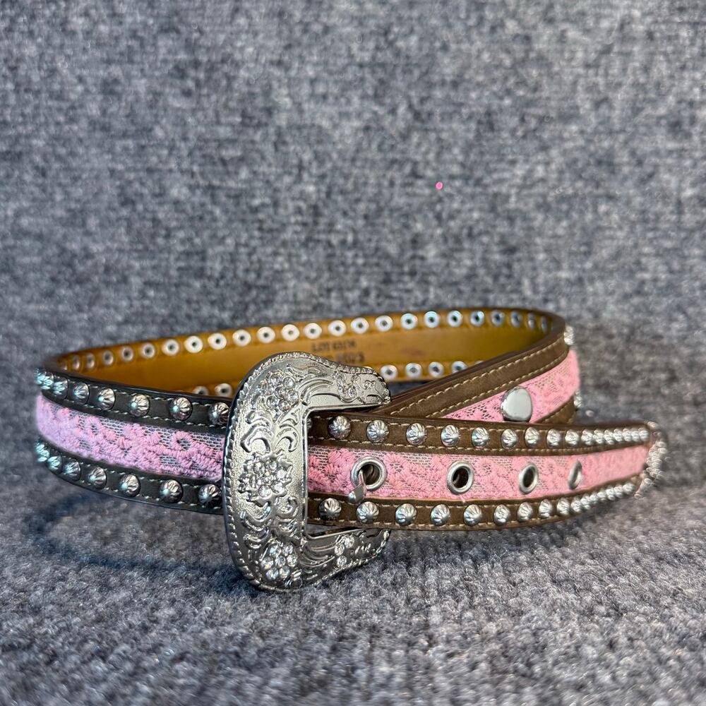 Ariat Pink Studded Leather Western Belt With Silver Tone Buckle Kids Youth 26 in